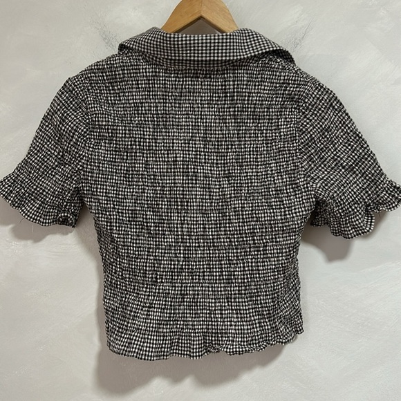 Zara Gingham Crop Shirt brown ruched shirred size large - Picture 7 of 7